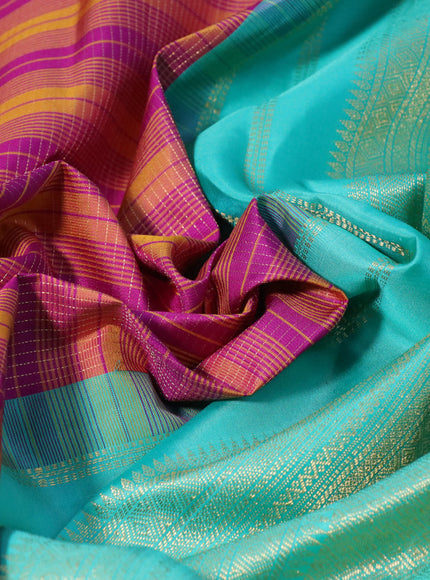 Pure kanchipuram silk saree dark mustard purple and teal blue with allover zari stripe pattern and zari woven korvai border