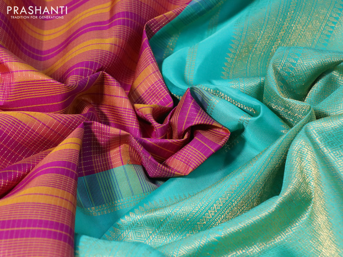 Pure kanchipuram silk saree dark mustard purple and teal blue with allover zari stripe pattern and zari woven korvai border