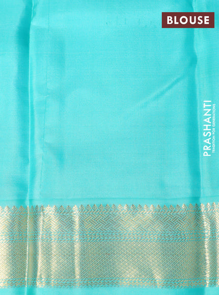 Pure kanchipuram silk saree dark mustard purple and teal blue with allover zari stripe pattern and zari woven korvai border