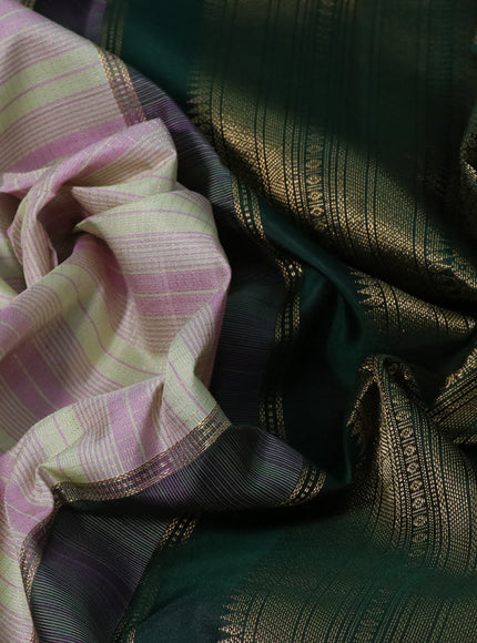 Pure kanchipuram silk saree pastel gree mauve pink and bottle green with allover zari stripe pattern and zari woven korvai border