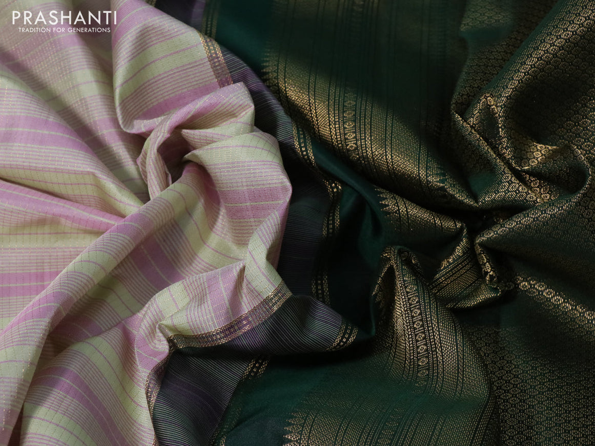 Pure kanchipuram silk saree pastel gree mauve pink and bottle green with allover zari stripe pattern and zari woven korvai border