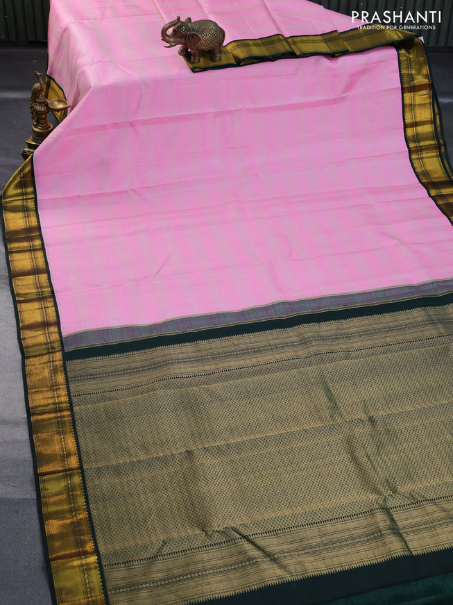 Pure kanchipuram silk saree candy pink and bottle green with allover zari stripe pattern and zari woven korvai border