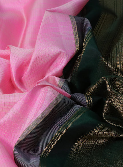 Pure kanchipuram silk saree candy pink and bottle green with allover zari stripe pattern and zari woven korvai border