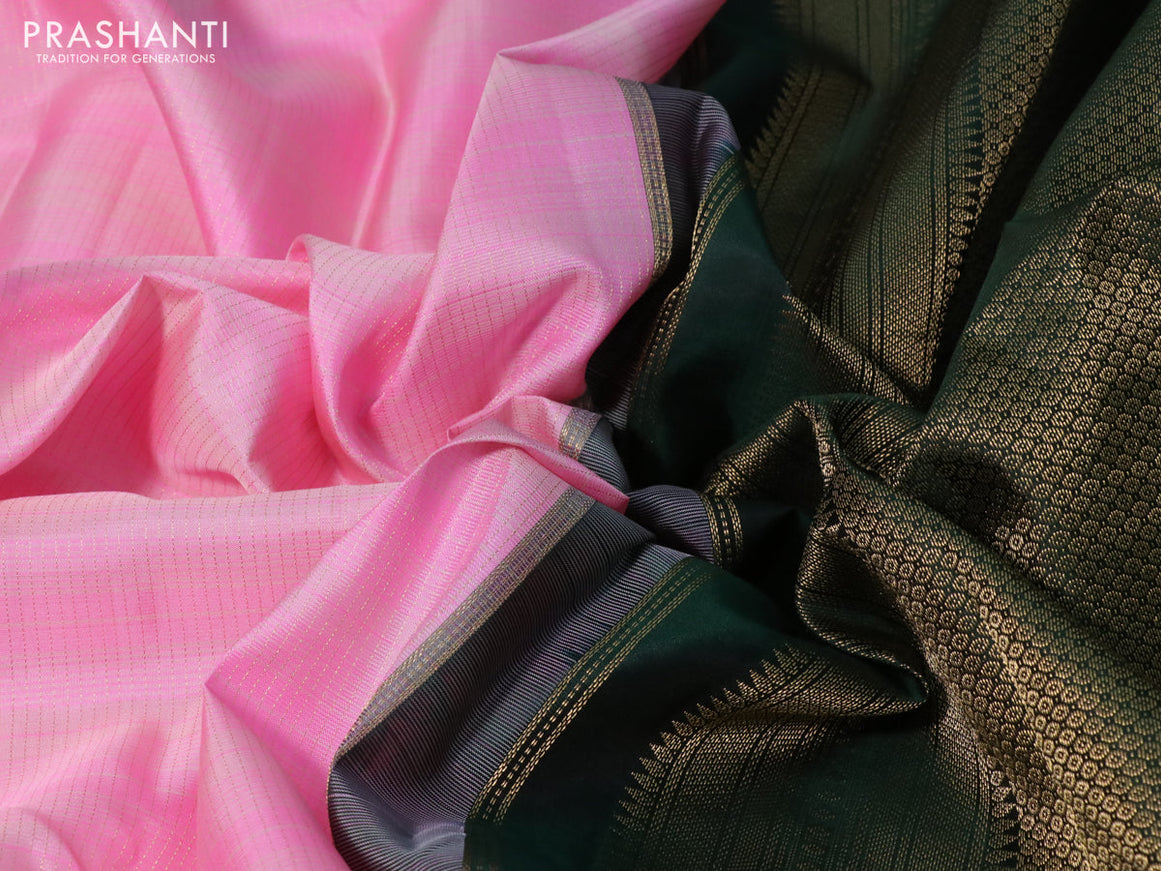 Pure kanchipuram silk saree candy pink and bottle green with allover zari stripe pattern and zari woven korvai border