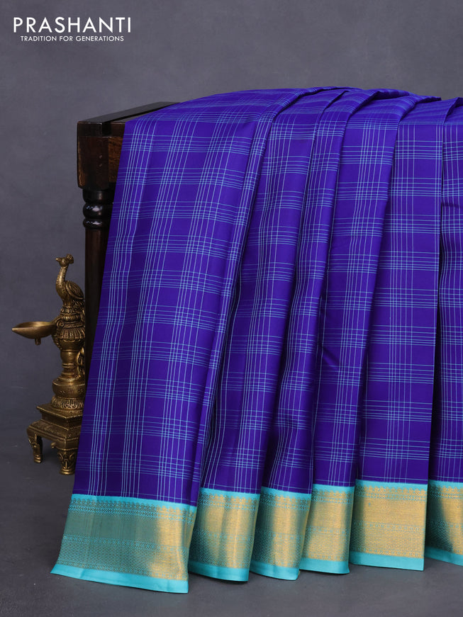 Pure kanchipuram silk saree blue and teal blue with allover checked pattern and zari woven korvai border