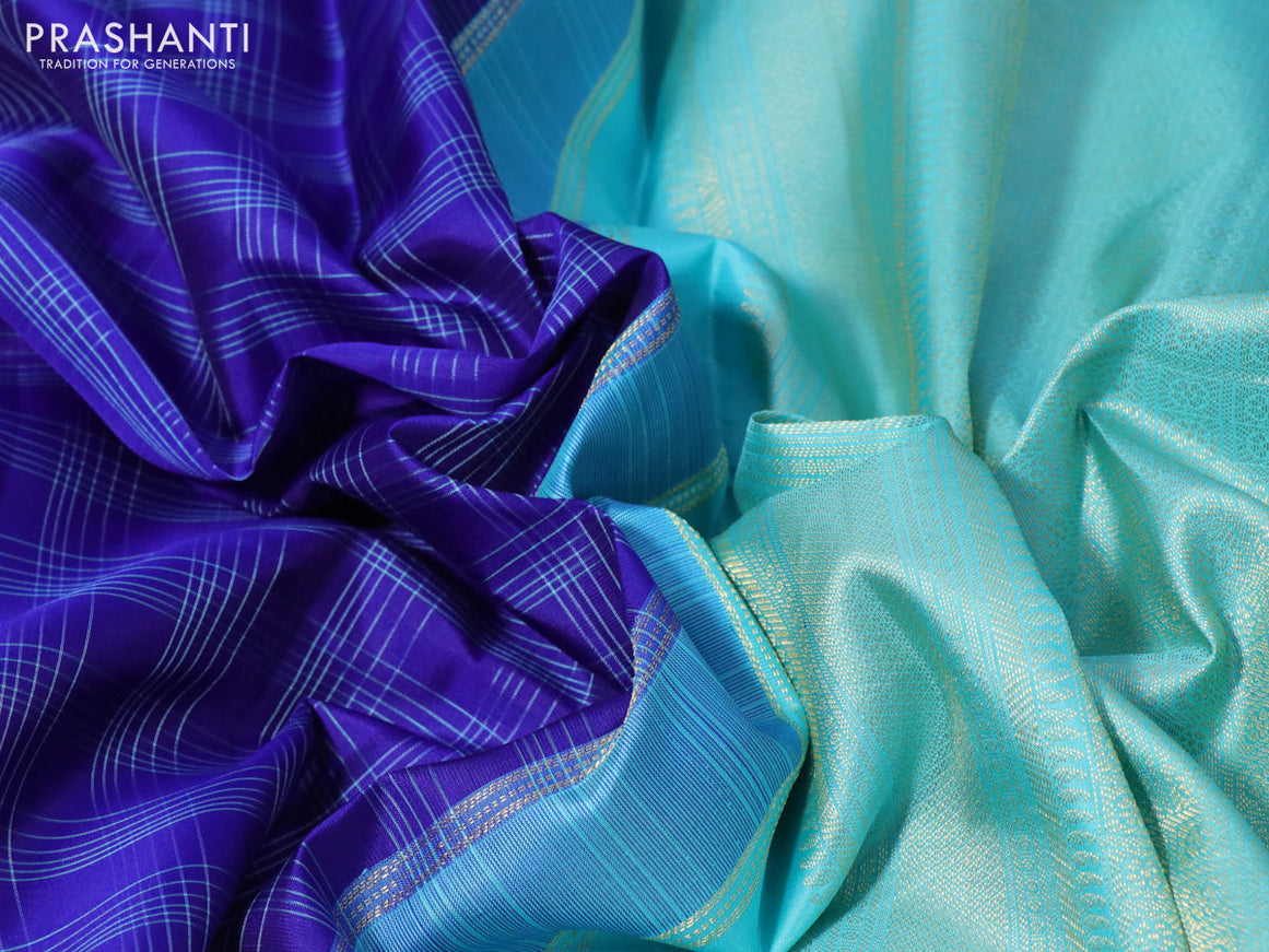 Pure kanchipuram silk saree blue and teal blue with allover checked pattern and zari woven korvai border