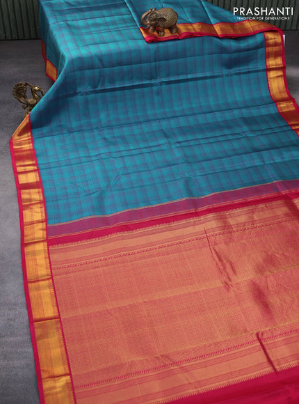 Pure kanchipuram silk saree cs blue shade and pink with allover checked pattern and zari woven korvai border