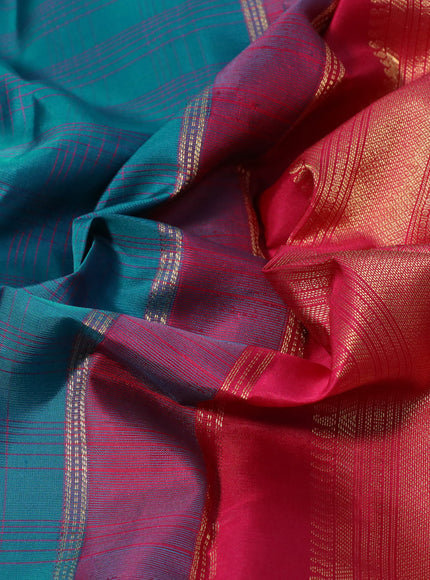 Pure kanchipuram silk saree cs blue shade and pink with allover checked pattern and zari woven korvai border