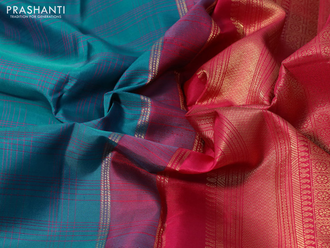 Pure kanchipuram silk saree cs blue shade and pink with allover checked pattern and zari woven korvai border