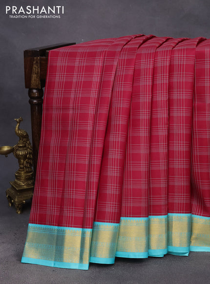 Pure kanchipuram silk saree red and teal blue with allover checked pattern and zari woven korvai border