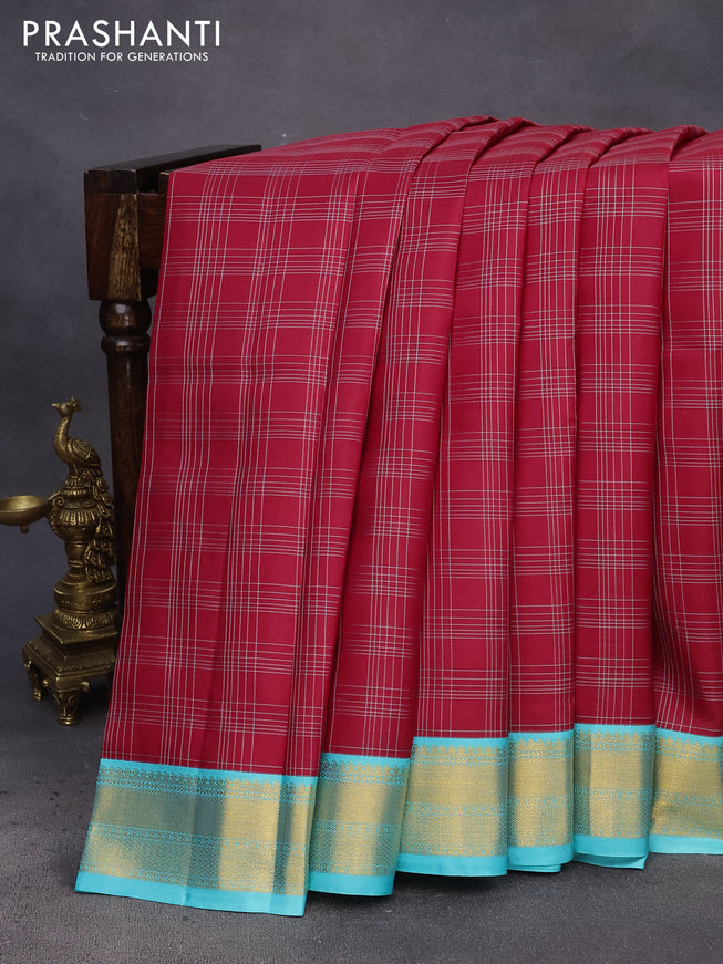 Pure kanchipuram silk saree red and teal blue with allover checked pattern and zari woven korvai border