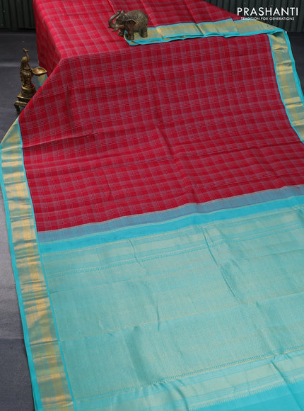 Pure kanchipuram silk saree red and teal blue with allover checked pattern and zari woven korvai border