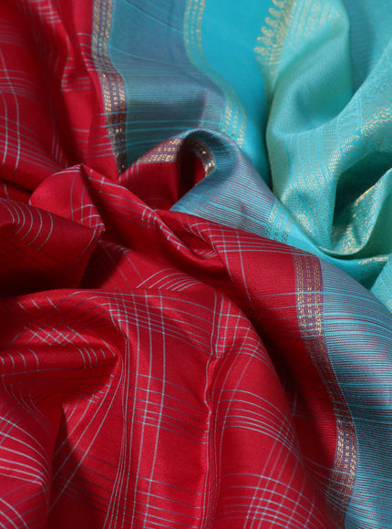 Pure kanchipuram silk saree red and teal blue with allover checked pattern and zari woven korvai border