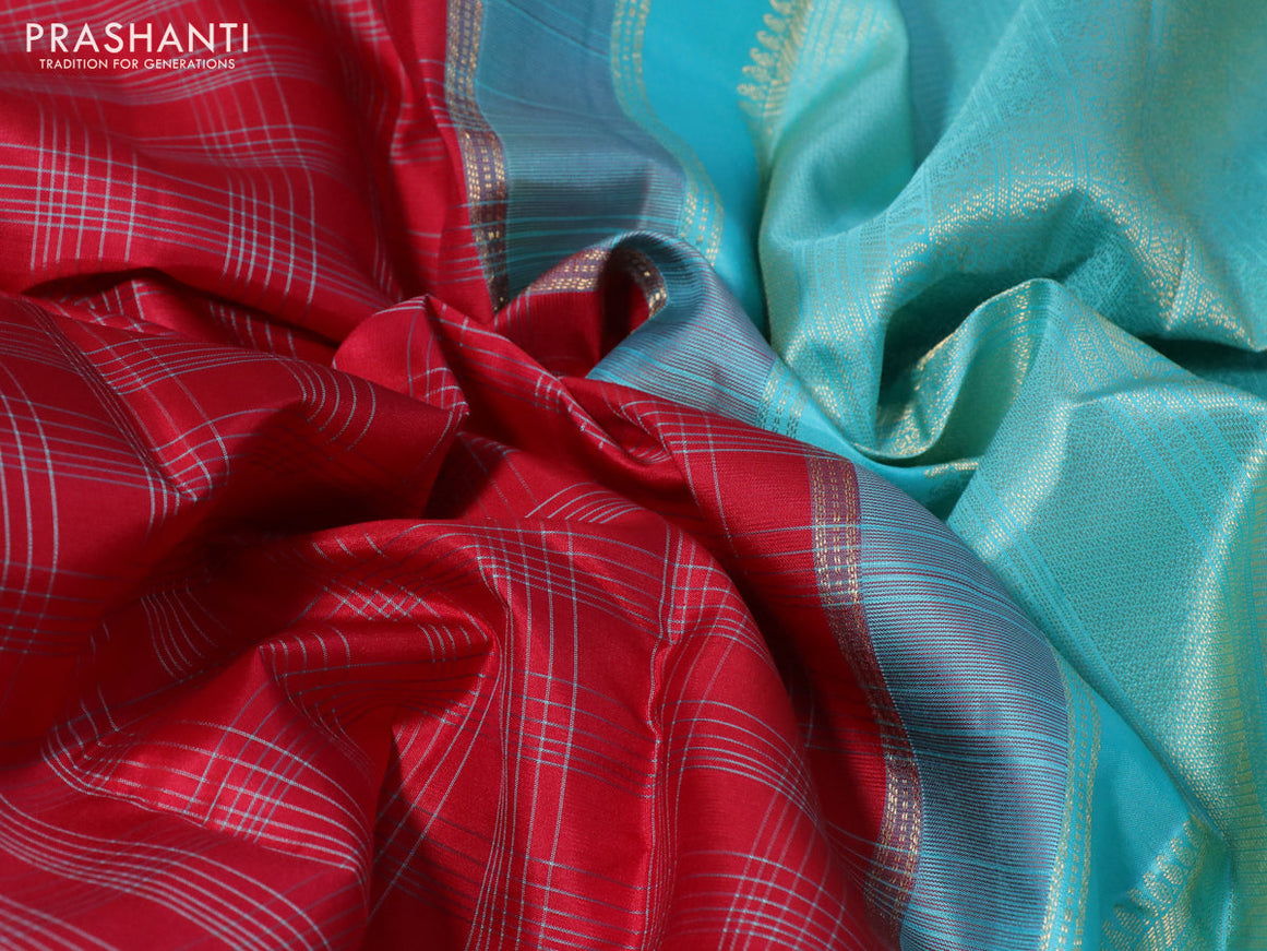 Pure kanchipuram silk saree red and teal blue with allover checked pattern and zari woven korvai border