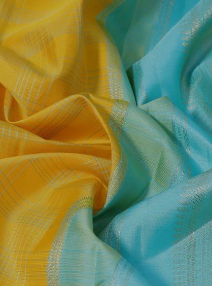 Pure kanchipuram silk saree yellow pastel lavender and teal blue with allover checked pattern and zari woven korvai border