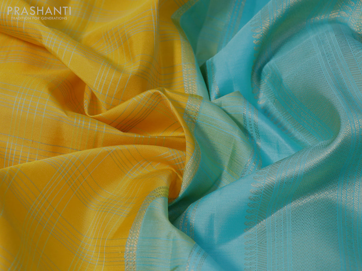 Pure kanchipuram silk saree yellow pastel lavender and teal blue with allover checked pattern and zari woven korvai border