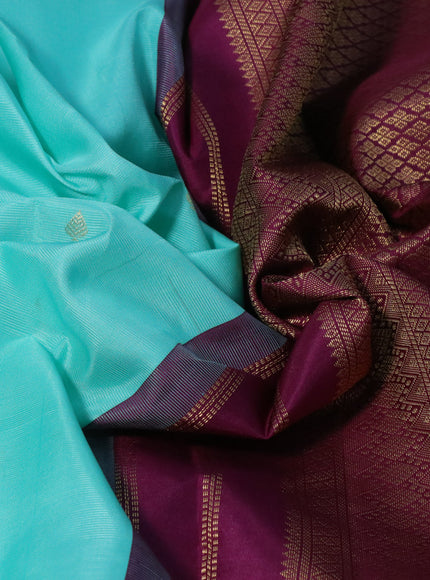 Pure kanchipuram silk saree teal blue and wine shade with zari woven buttas and zari woven korvai border