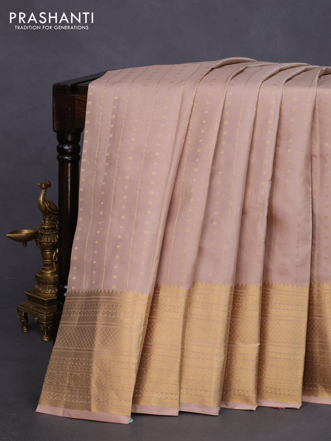 Pure kanchipuram silk saree beige and pink with allover zari weaves and long zari woven border