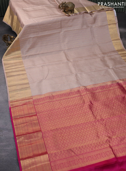 Pure kanchipuram silk saree beige and pink with allover zari weaves and long zari woven border