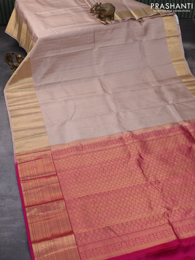 Pure kanchipuram silk saree beige and pink with allover zari weaves and long zari woven border