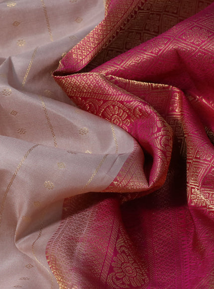 Pure kanchipuram silk saree beige and pink with allover zari weaves and long zari woven border