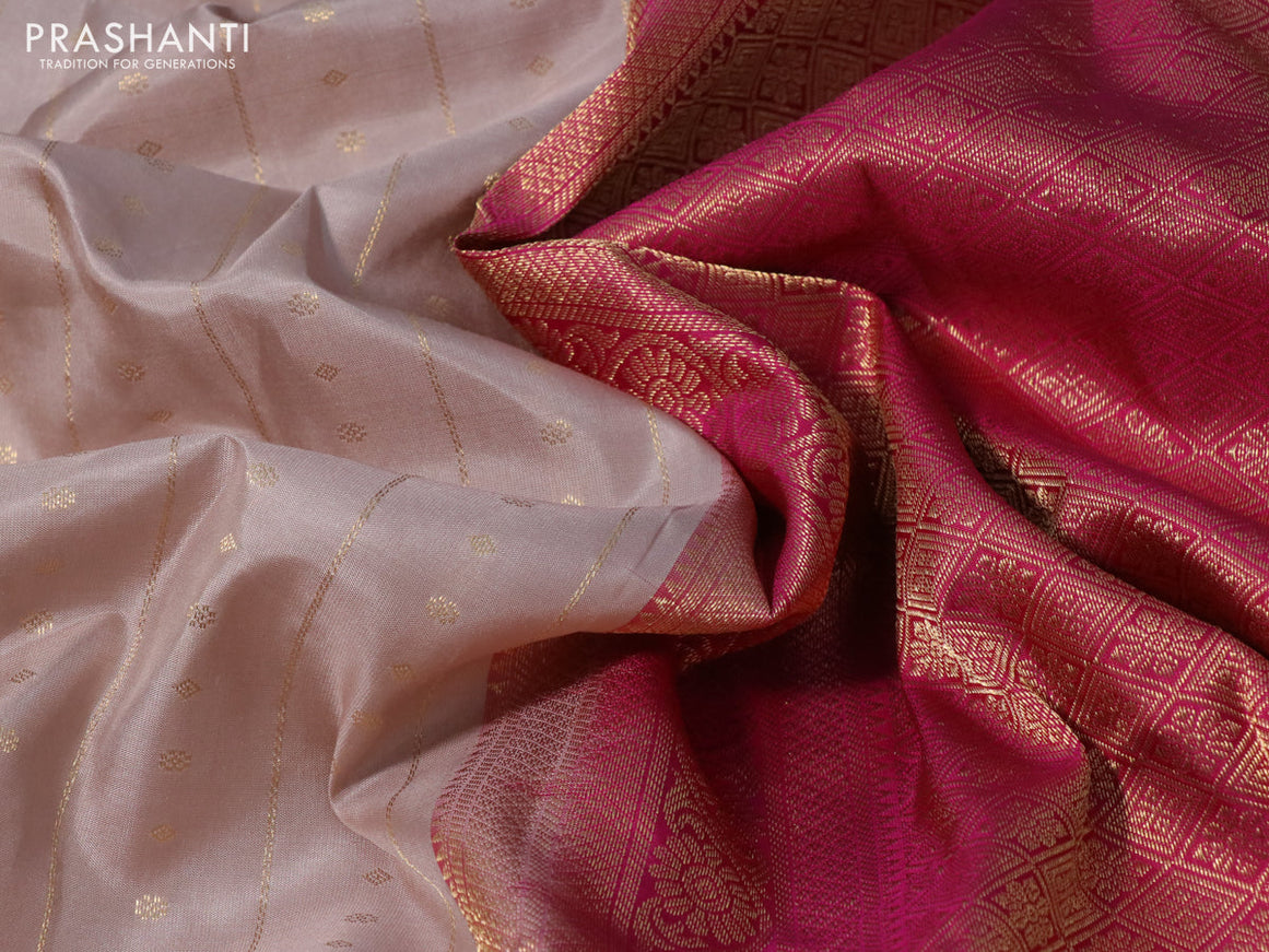 Pure kanchipuram silk saree beige and pink with allover zari weaves and long zari woven border