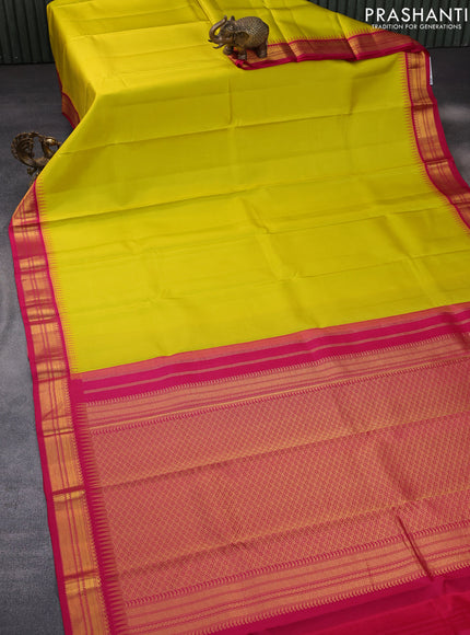 Pure kanchipuram silk saree lime yellow and pink with plain body and temple deisgn zari woven border