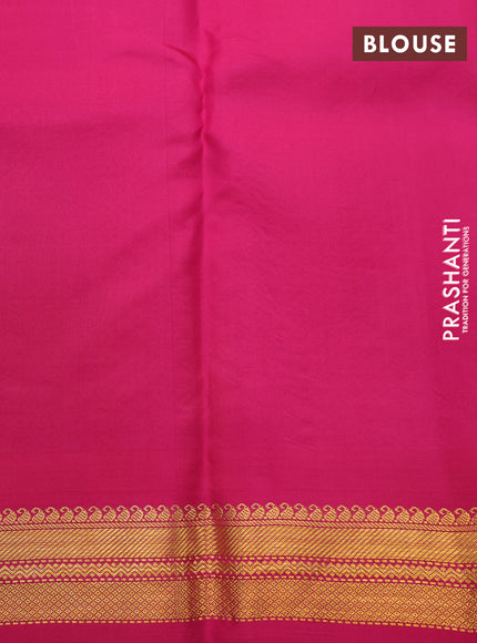 Pure kanchipuram silk saree lime yellow and pink with plain body and temple deisgn zari woven border