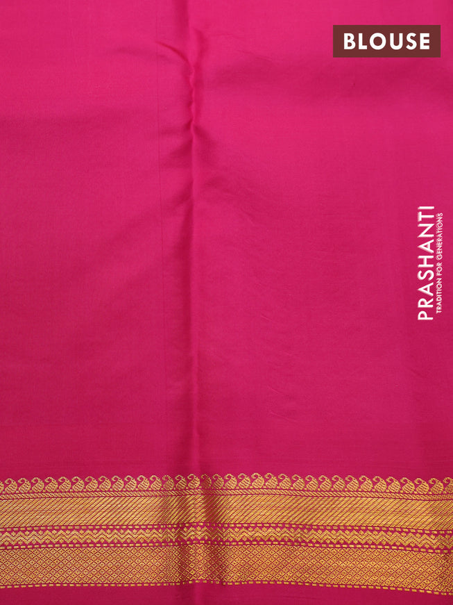 Pure kanchipuram silk saree lime yellow and pink with plain body and temple deisgn zari woven border