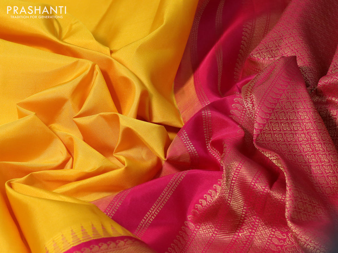 Pure kanchipuram silk saree mango yellow and pink with plain body and temple deisgn zari woven border