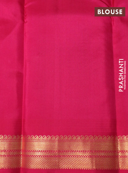 Pure kanchipuram silk saree mango yellow and pink with plain body and temple deisgn zari woven border