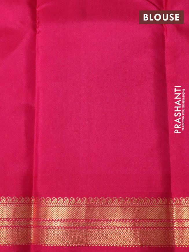 Pure kanchipuram silk saree mango yellow and pink with plain body and temple deisgn zari woven border