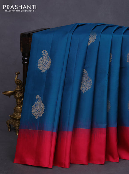 Pure kanchipuram silk saree peacock blue and pink with zari woven buttas and simple border