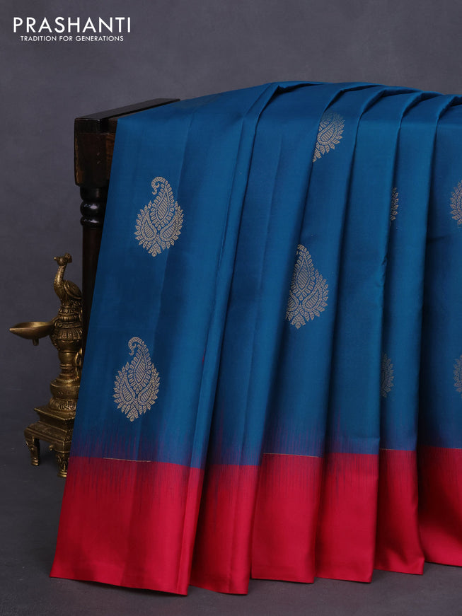 Pure kanchipuram silk saree peacock blue and pink with zari woven buttas and simple border