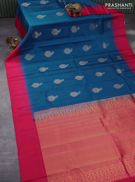 Pure kanchipuram silk saree peacock blue and pink with zari woven buttas and simple border