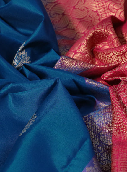 Pure kanchipuram silk saree peacock blue and pink with zari woven buttas and simple border