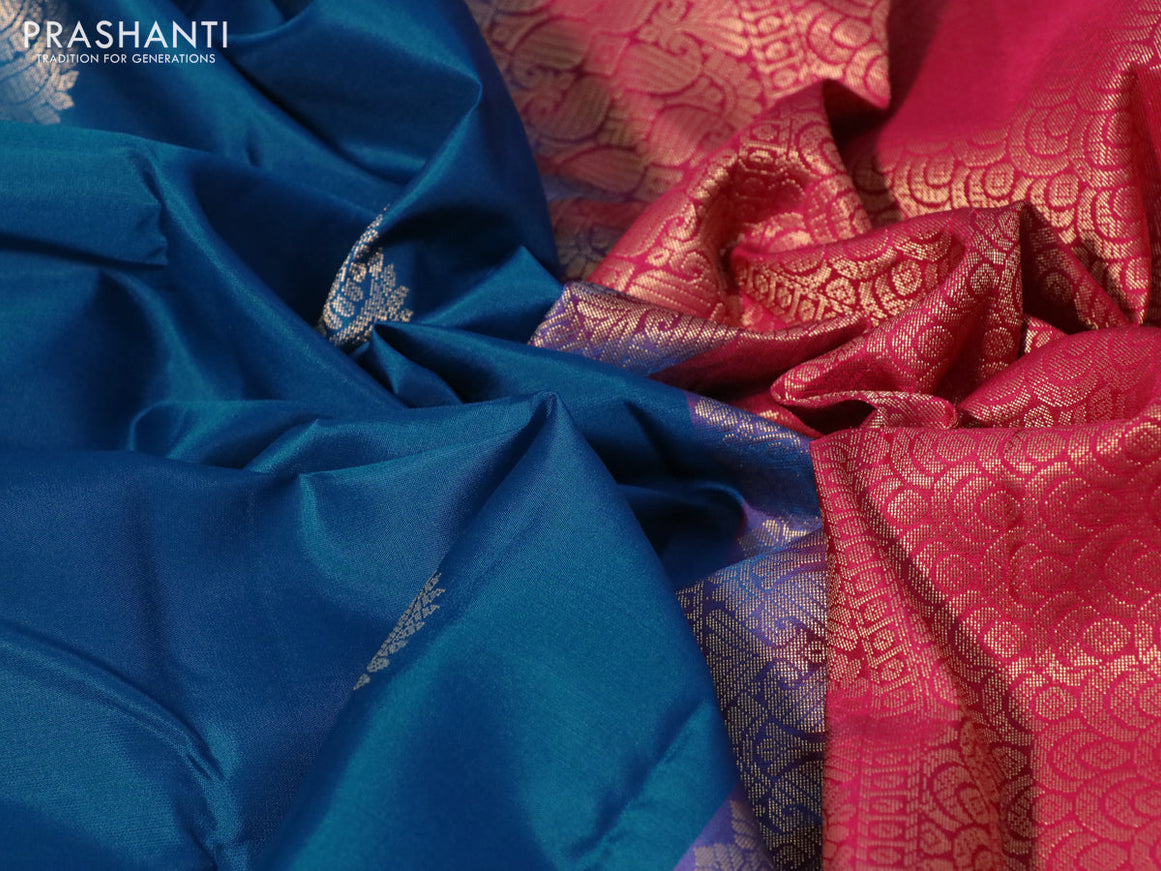 Pure kanchipuram silk saree peacock blue and pink with zari woven buttas and simple border