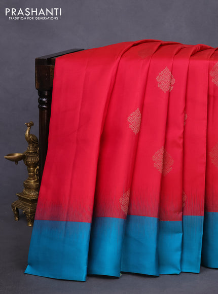 Pure kanchipuram silk saree reddish pink and teal blue with zari woven buttas and simple border