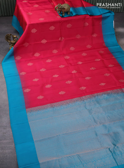 Pure kanchipuram silk saree reddish pink and teal blue with zari woven buttas and simple border