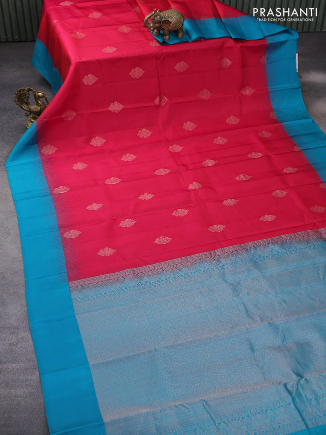 Pure kanchipuram silk saree reddish pink and teal blue with zari woven buttas and simple border