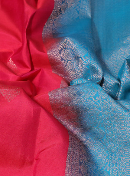 Pure kanchipuram silk saree reddish pink and teal blue with zari woven buttas and simple border