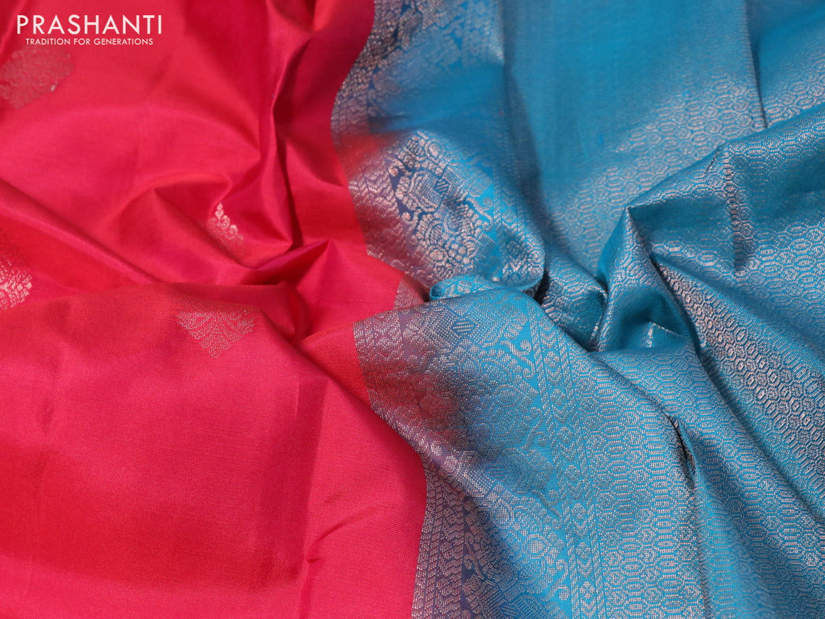 Pure kanchipuram silk saree reddish pink and teal blue with zari woven buttas and simple border