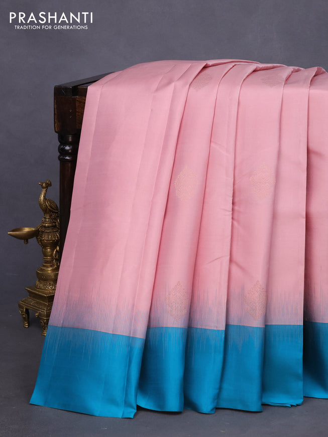 Pure kanchipuram silk saree pastel pink and teal blue with zari woven buttas and simple border