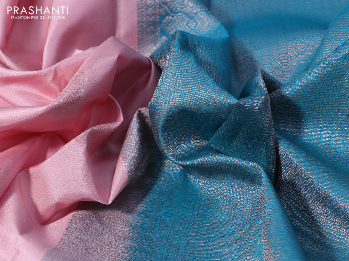 Pure kanchipuram silk saree pastel pink and teal blue with zari woven buttas and simple border