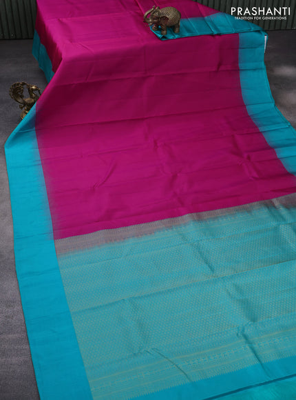 Pure kanchipuram silk saree pink and teal blue with plain body and simple border