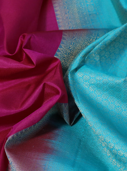 Pure kanchipuram silk saree pink and teal blue with plain body and simple border