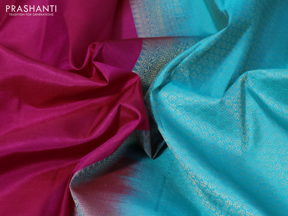 Pure kanchipuram silk saree pink and teal blue with plain body and simple border