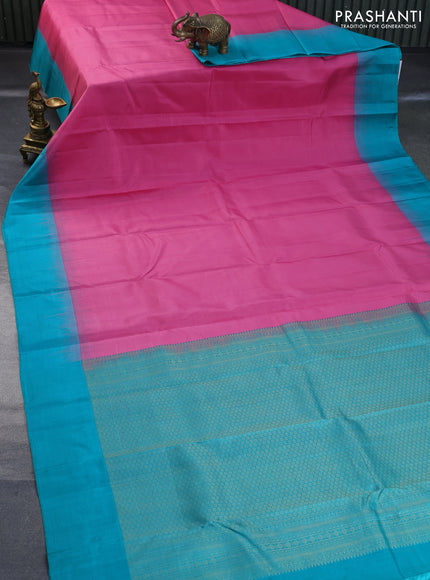 Pure kanchipuram silk saree pink and teal blue with plain body and simple border