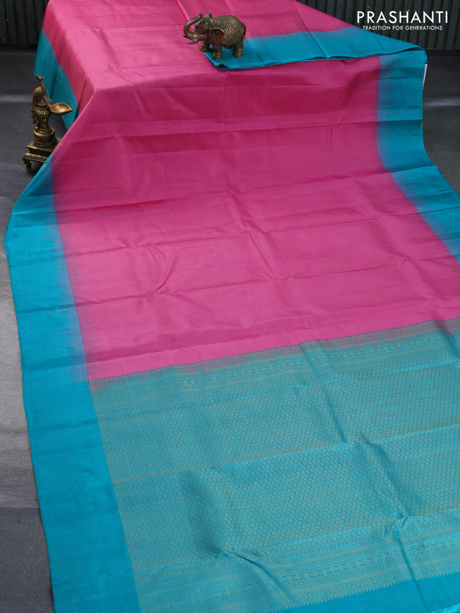 Pure kanchipuram silk saree pink and teal blue with plain body and simple border