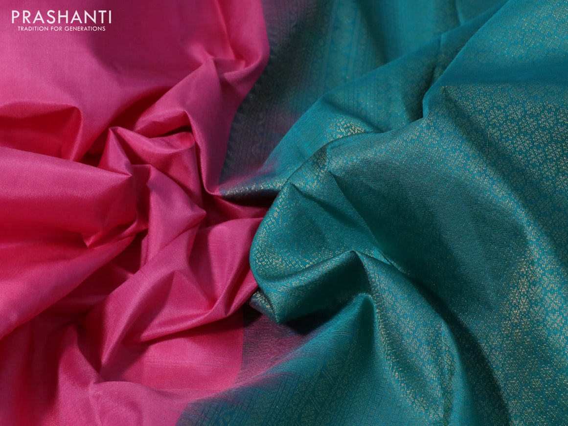 Pure kanchipuram silk saree pink and teal blue with plain body and simple border